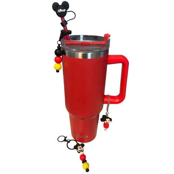 Mickey Mouse cup 4 Piece set Straw cap & charm,handle charm, bag charm Brand New - Picture 1 of 7